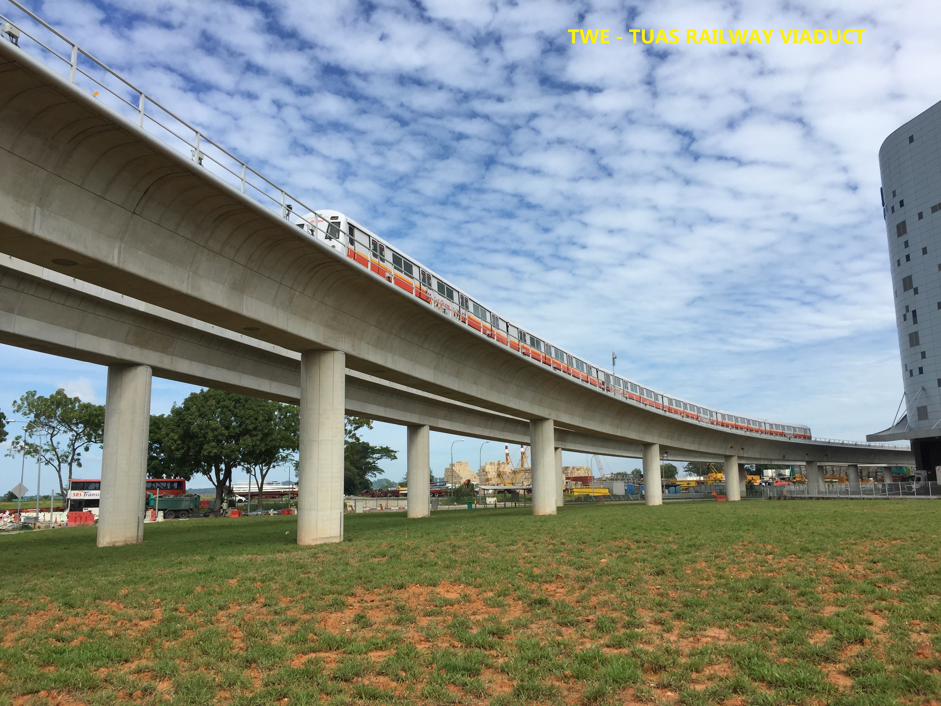 A train on a Tuas West Extension viaduct in Singapore